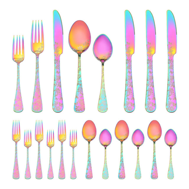 REGALWOVEN 20 Pieces 4 Sets Floral Stainless Steel Rust-Proof Flatware Set Colorful