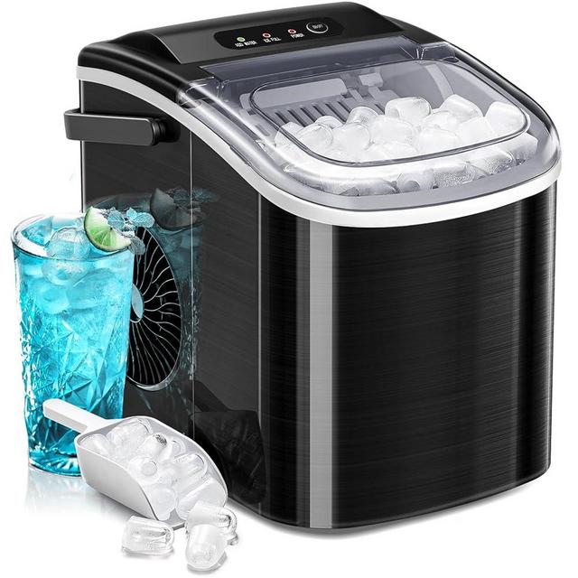 AGLUCKY Ice Makers Countertop, Portable Ice Maker Machine with Handle,26lbs/24Hrs, 6Mins/9 Pcs Bullet Ice,Self-Cleaning Counter top Ice Maker with Ice Scoop for Home & Kitchen(Stainless Steels Black)