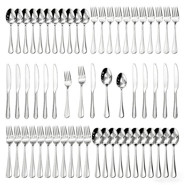 60-Piece Silverware Set for 12, Premium 18/10 Stainless Steel Flatware, Quality Heavy Duty Cutlery Utensils, Mirror Polished Dishwasher Safe Silverware for Home Wedding Housewarming Gift - HIKAA