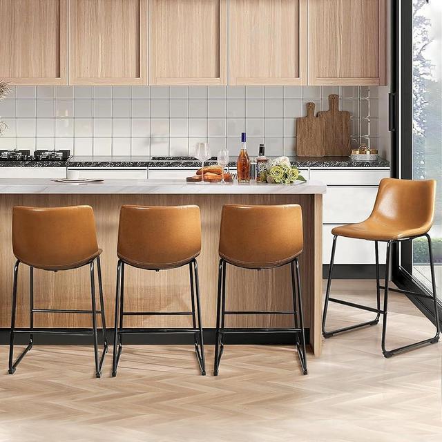 Waleaf 26 inch Bar Stools Set of 4,Counter Height Bar Stools with Back, Modern PU Leather Stools with Metal Leg and Footrest,Dining Chairs for Kitchens Island,Armless Pub Stools for Rustic Bar