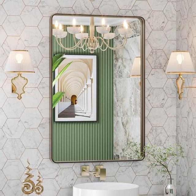 LOAAO 24”X32” Bronze Bathroom Mirrors for Vanity, Rounded Rectangle Brushed Bronze Metal Frame Mirror, Anti-Rust, Tempered Glass, Hangs Horizontally or Vertically