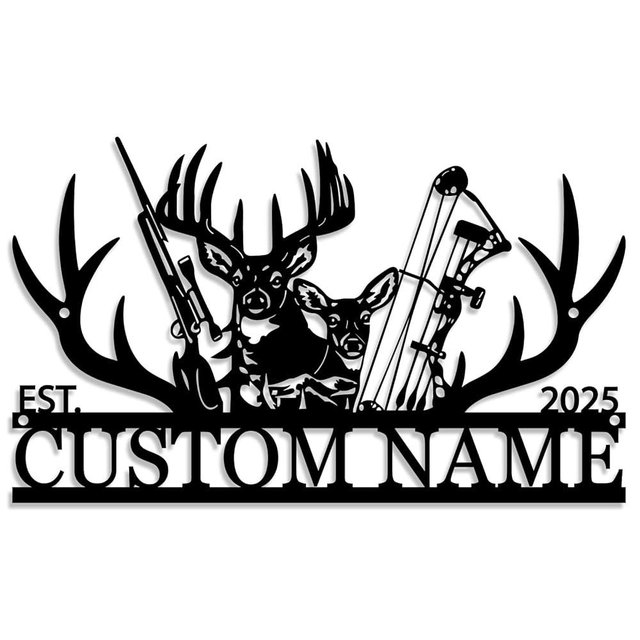Personalized Deer Hunter Metal Cabin Sign, Custom Deer Hunting Gifts,Outdoor Hunting Decor, Cabin Wall Art, Hunting Room Decor, Lodge Wall Decor, Deer Hunting Accessories with Bow and Rifle Design