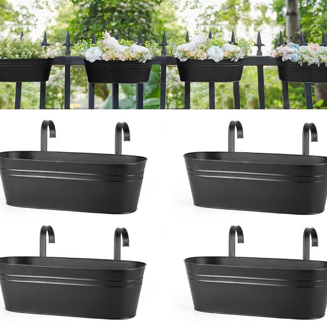 Dahey 4 Pcs Metal Hanging Flower Pots for Railing Fence Outdoor Planter 15.7 Inch Hanging Bucket Pots Countryside Window Flower Plant Holder with Detachable Hooks for Garden Yard Home Decor,Black