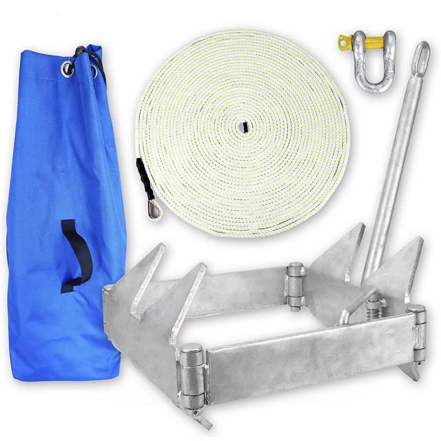 MARINE SYSTEM Galvanized Boat Folding Square Anchor Kit with 3/8 inch x 150 FT Rope and Shackle 13lb, 19lb, or 25 lb