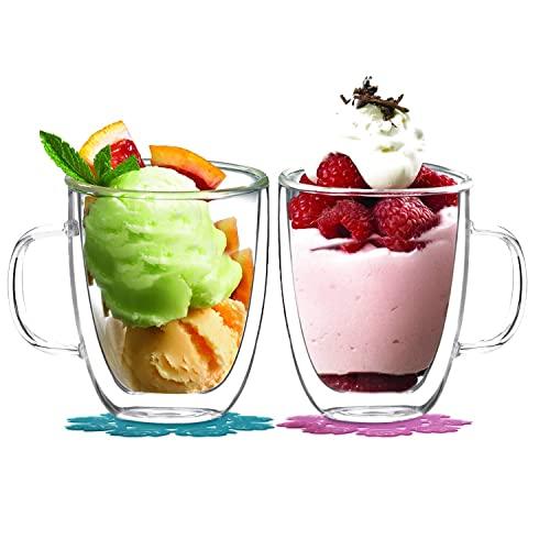 BOQO Glass Cups,Double Walled Glass Coffee Mugs,Glassware Tumblers,Set of 2 Insulated Drinking Glasses with Handle(13.5 oz Water Glasses)