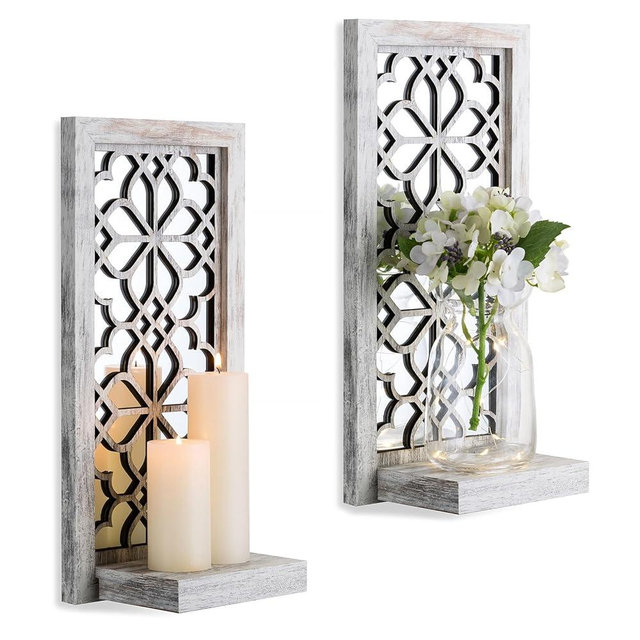 Walasis Wood Small Wall Shelves for Candle - Decorative Floating Shelf Candle Sconces for Wall Decor Rustic Carved Wall-Mounted Shelf Rustic Wooden Shelving for Bathroom Bedroom