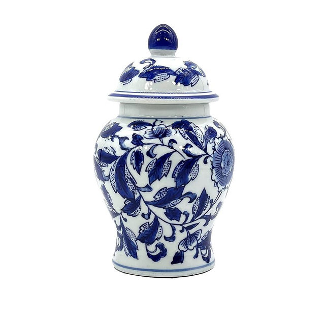 Galt International Decorative Ceramic Ginger Jar with Lid 8" - Tea Storage, Home Decor Jar Jingdezhen Chinese Style Porcelain (Blue & White Flower 2)