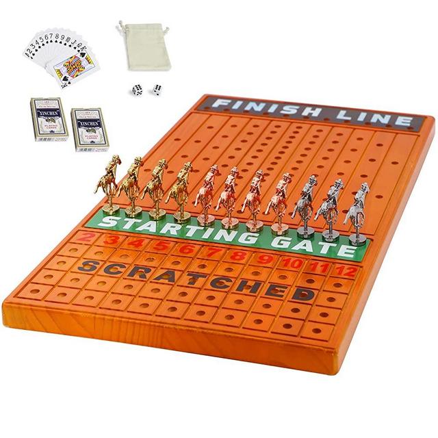 Grhonior Finish LINE Horse Racing Board Game Race Board Game is Equipped with 11 Luxury metalcraft Horses Thickened Pine Game Chessboard Including 2 Sets of dice and 2 Boxes of Cards