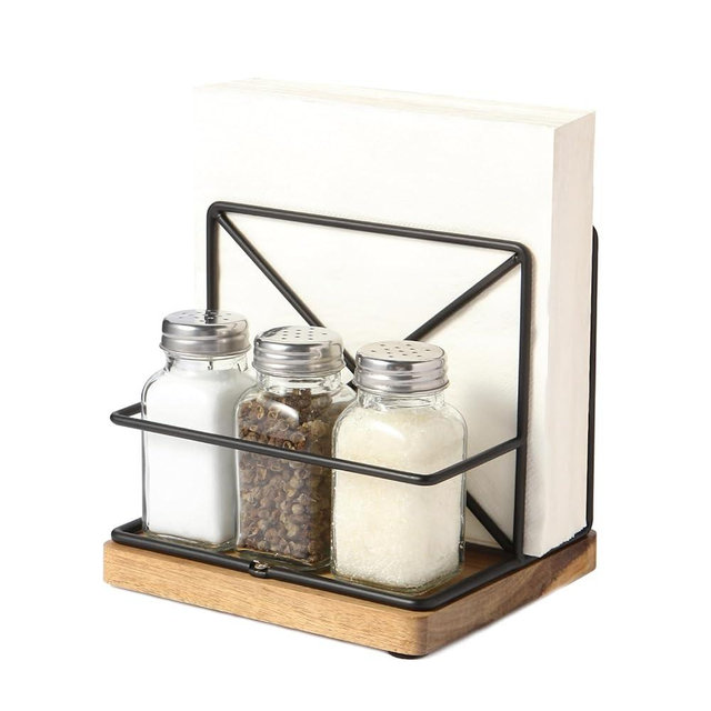 Napkin Holder for Table, Napkin Holder with Salt and Pepper Shakers Cadddy, Napkin Holder For Paper Napkins Kitchen Dining Table Decor, Wood & Metal Base, Black