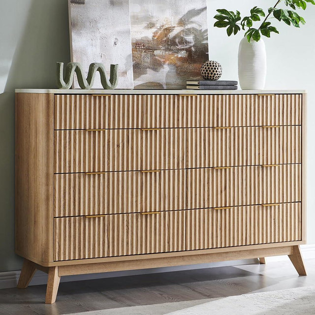 T4TREAM Fluted 9 Drawer Dresser, Modern Chest of Drawers with Faux Marble Top, Curved Profile Design, Dresser TV Stand, Wood Drawer Organizer for Bedroom, Living Room, Hallway, Natural Oak
