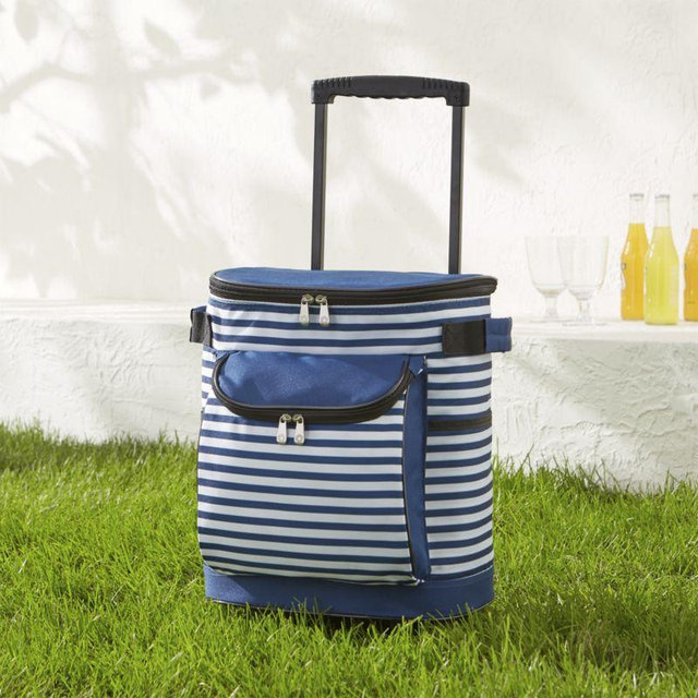 Blue-and-White Striped Wheeled Cooler