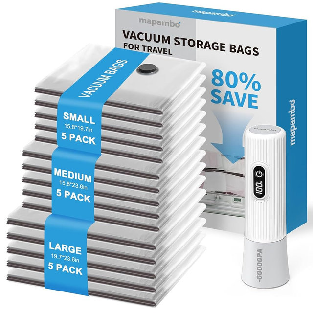 Mapambo Vacuum Seal Bags for Clothing Travel with -60000Pa LED Pump, 15 Pack Travel Cordless Vacuums Bag Set with Pump in 3 Combo Sizes. Vacuums Storage Bags for Clothes (15 Combo)