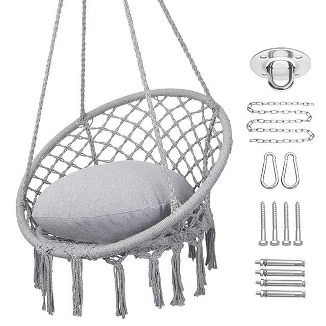 Y- STOP Hammock Chair Macrame Swing, Max 330 Lbs, Hanging Cotton Rope Hammock Swing Chair for Indoor and Outdoor Use, Light Grey