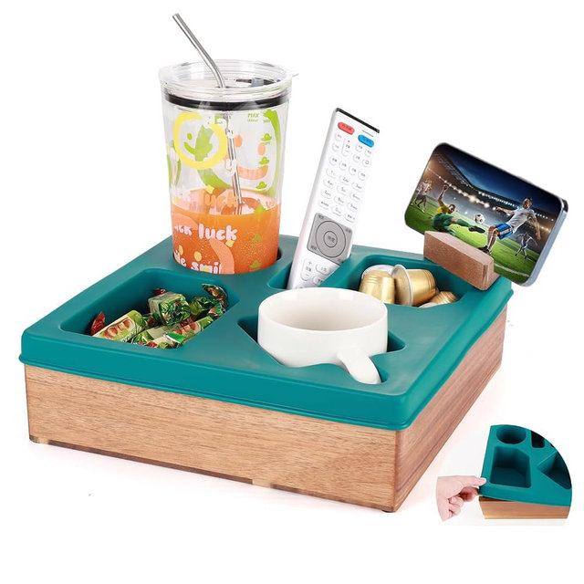 Couch Cup Holder Tray, Silicone Wooden Couch Caddy with Cup Holder for Snacks, Drinks, Remotes, Waterproof Cup Holder for Couch, Organizer, Couch Drink Holder