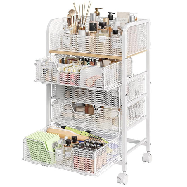 Hongtamoya Makeup Cart Organizer with 4 Drawers, Large Floor Skincare Organizers, Vanity Storage Organizer Cosmetics Display Cases for Skin Care Perfume Nail Polish, White