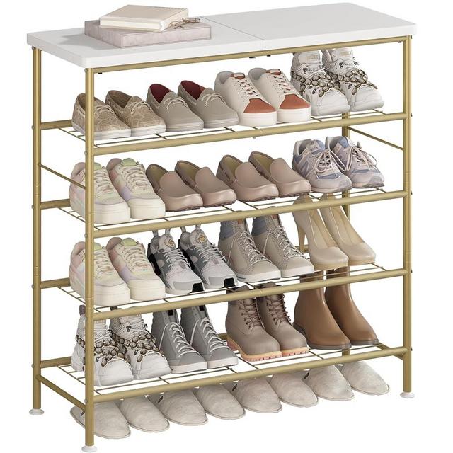 SUOERNUO Shoe Rack Organizer 5 Tier for Closet Entryway Free Standing Metal Storage Shoe Shelf with MDF Top Board，Gold