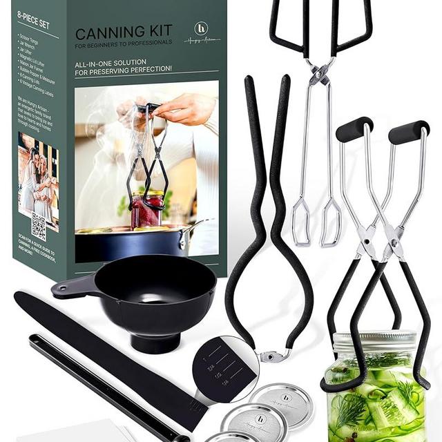 Canning Supplies Set of 8 – Canning Kit for Beginners – Complete Home Canners Equipment – Mason Jar Lifter, Funnel & Wrench, Tongs, Bubble Popper, Magnetic Lid Lifter, Canning Labels & Lids