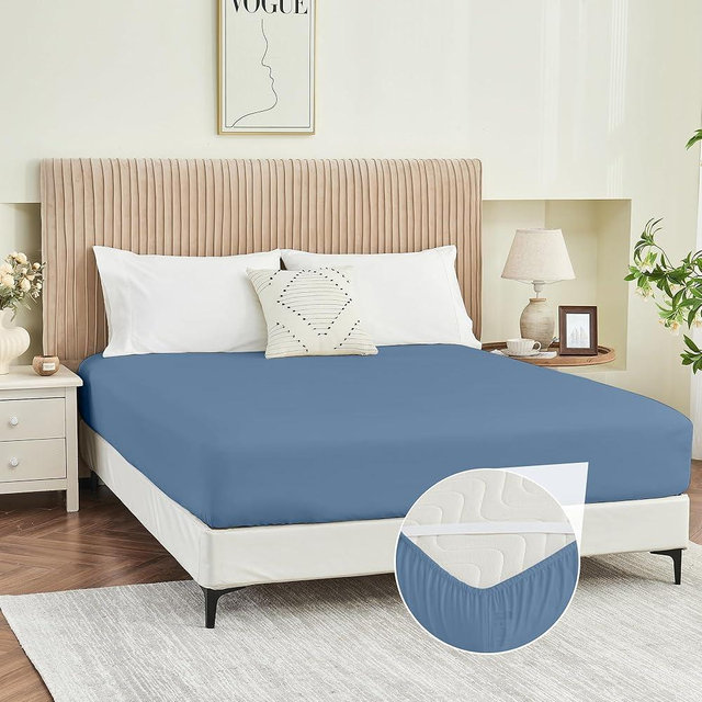 Yuurom Queen Fitted Sheet Only, Corner Straps Ultra Soft Brushed Microfiber Hotel Quality Bottom Sheet, Deep Pocket Fits 8-14 inches Mattresses, Luxury Durable Sheets for Queen Size Bed, Copen Blue