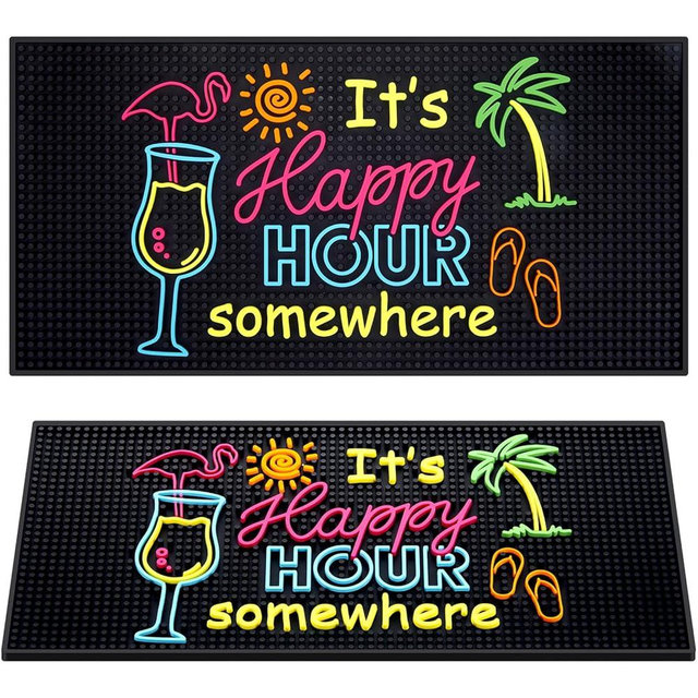 Jingmore Rubber Bar Mat for Bartending Coffee Bar Mat for Countertop Non Slip No Spill Tiki Table Pad for Home Cocktail Accessories(24 x12 Inch,Happy Hour Somewhere)