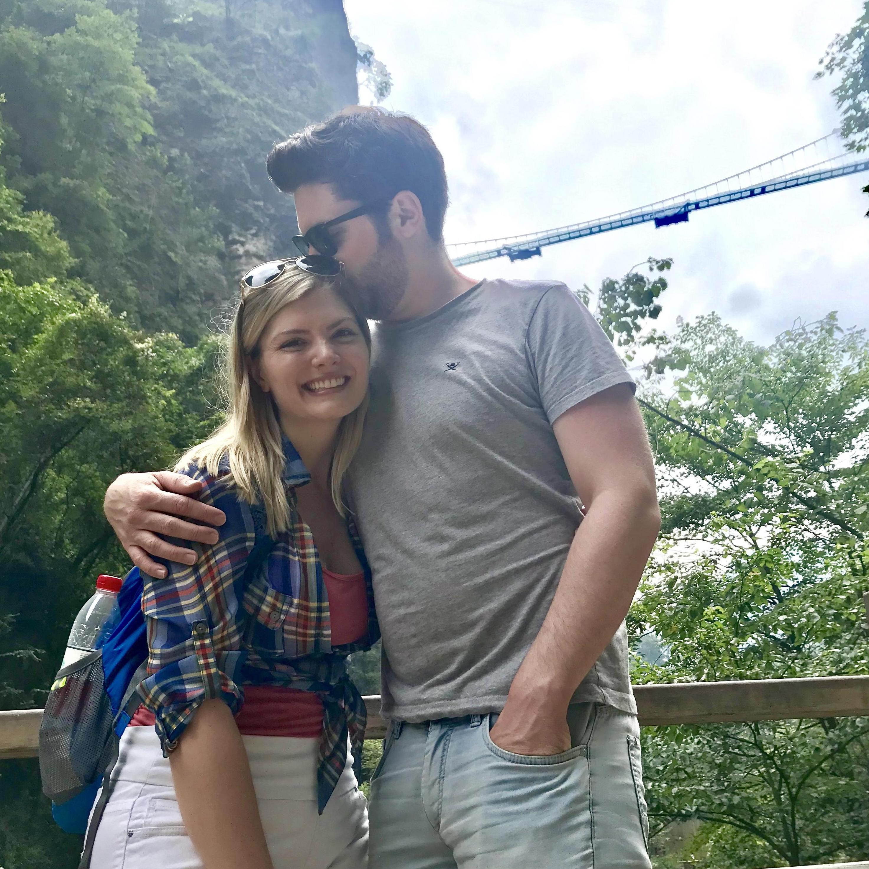 Looking up at the glass-bottomed bridge we crossed in Zhangjiajie, China
2019