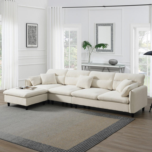 110"W Modern L-Shaped Sectional Sofa, 5 Seat Cloud Chenille Fabric Reversible Couch Set with Movable Ottoman, Beige - ModernLuxe