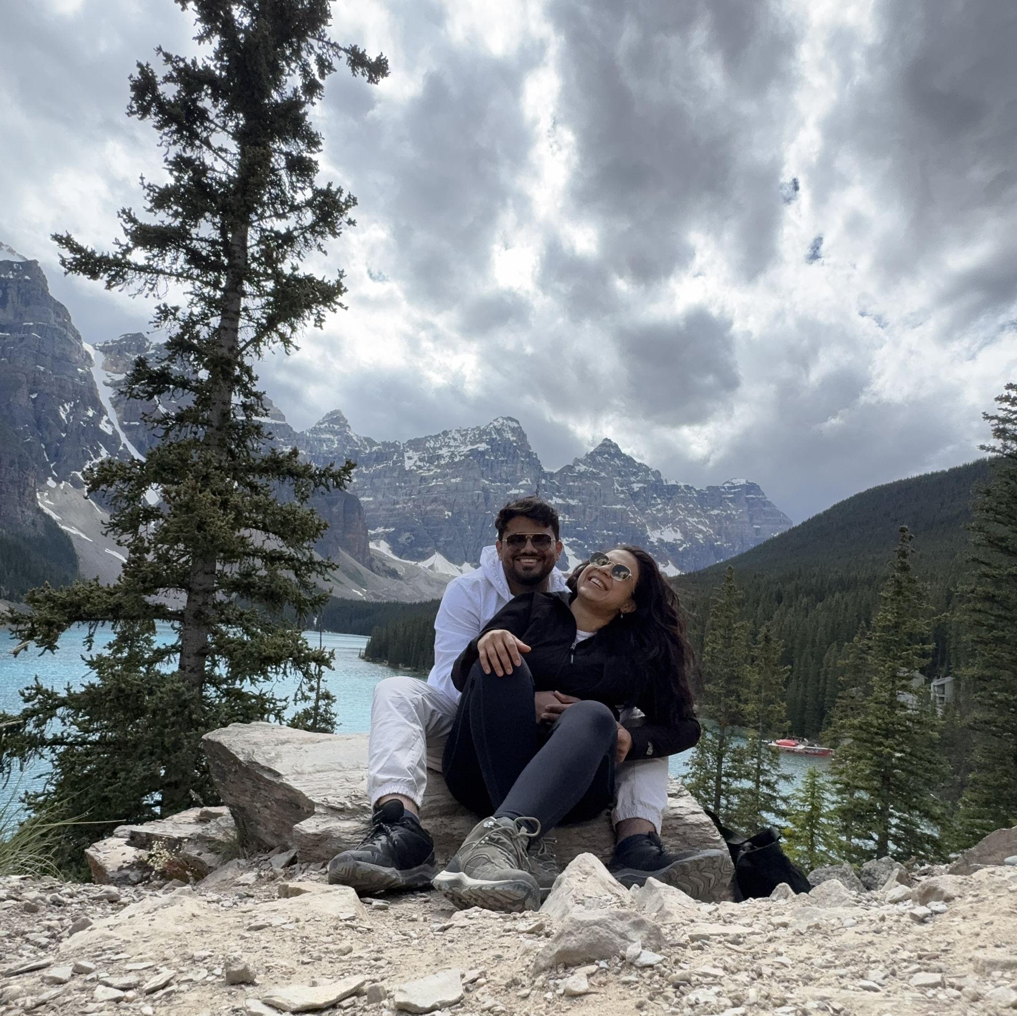 If love had a postcard, it would probably look like this—just us and Lake Moraine