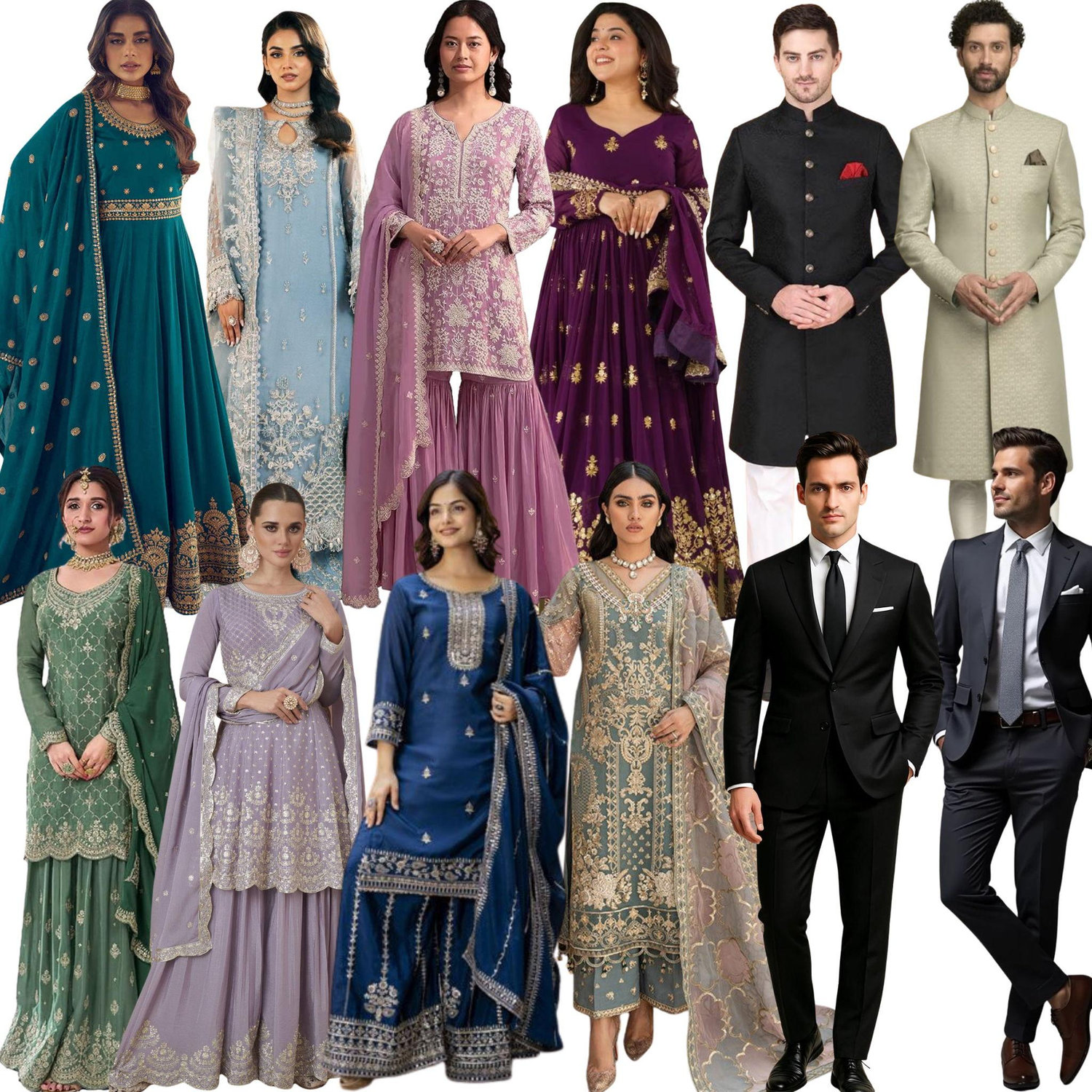 Walima Outfit Inspo: 

Women's attire - Anarkali suit, Salwar Kameez, Sharara Suit, Saree or Formal dress.

Men's attire - Sherwani or Formal suit