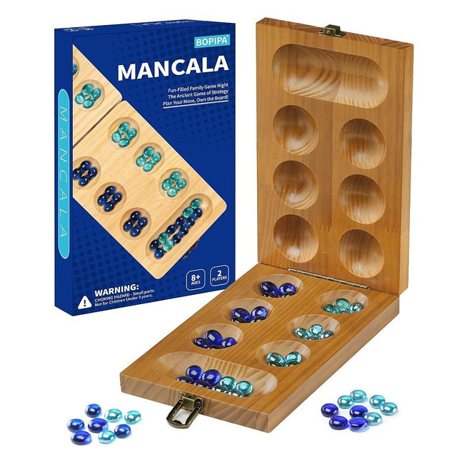 BOPIPA Mancala Board Game Set - Wooden Folding Design with Locking Latch, 56 Colorful Glass Stones, Portable 2-Player Table Strategy Game for Kids and Adults, Fun for Family Game Night, Travel Size