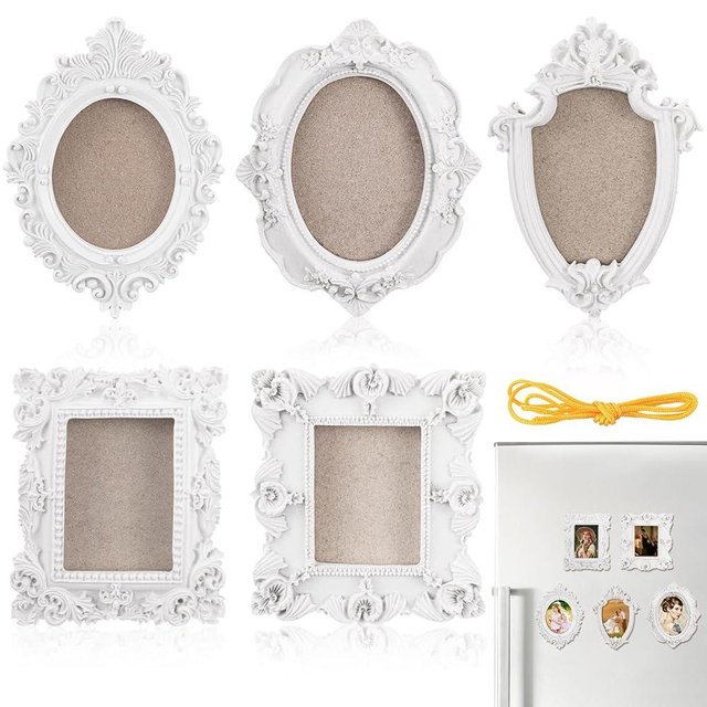 Leinuosen 5 Pcs Refrigerator Mini Frames Magnetic Vintage Picture Display with Back Small Antique Picture Frames with Hooks and Rope Refrigerator Magnets Photo Display Christmas Decor(White,Style A)