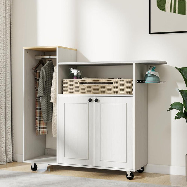 Multipurpose Rolling Ironing Board with Storage Cabinet, Wooden Ironing Cabinet with Wheels, Ironing Table with Heat-Resistant Sponge