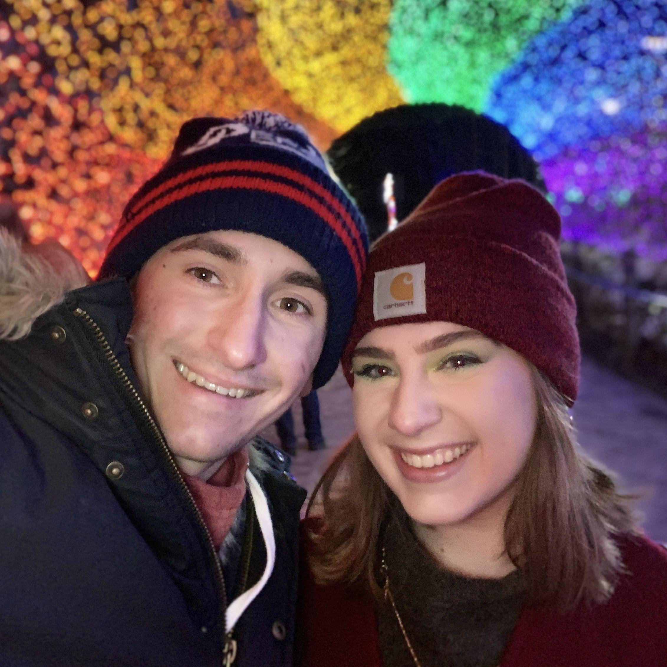 In a tradition started on the day they met, Matthew and Liz go to the holiday zoo lights each year (just so he can ask to hold her hand to keep it warm).