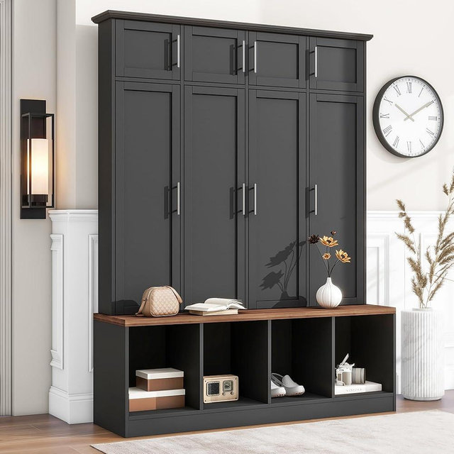 Merax Hall Tree with Bench and Shoe Storage Compartments, Particle Board Multi-Functional Entryway Cabinet with 4 Hanging Hooks, Black