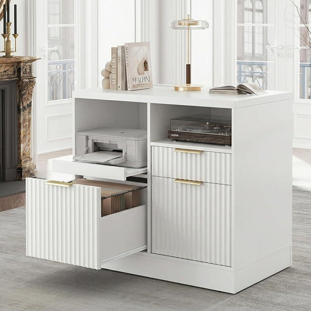Perledesign 3 Drawer File Cabinet, Fluted Wood Lateral Filing Cabinet with Charging Station for Home Office, Fits for A4/Letter-Sized Files, Printer Stand with Open Storage Shelves, White