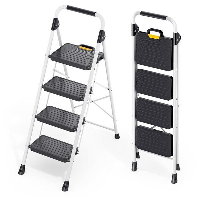 KINGRACK Sturdy Steel 4 Step Ladder, Folding Step Stool with Handrail, Anti-Slip Wide Pedals, Safe-Lock Design, Pass 800lbs Load Testing, Portable Ladder for Multi-Purpose in Home, Kitchen, White