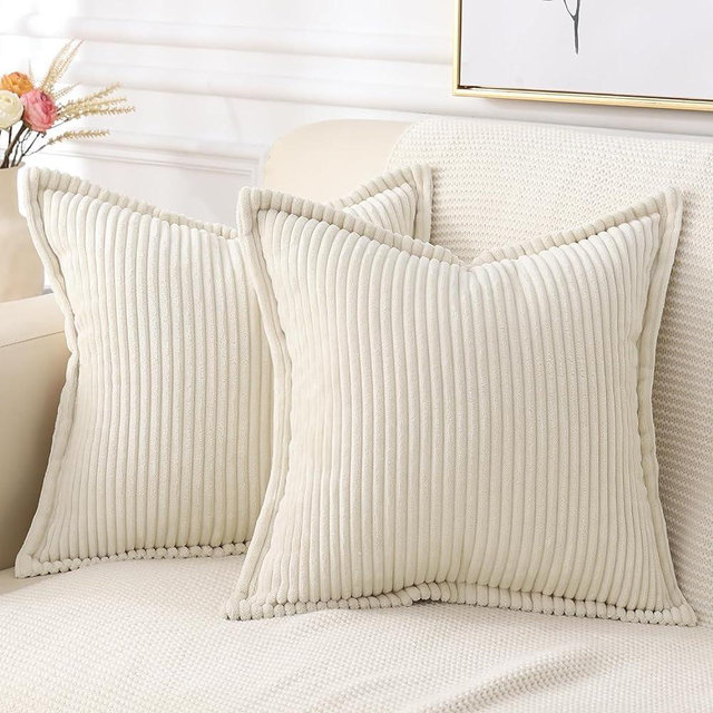 Mecatny Corduroy Pillow Covers 18x18 Inch Set of 2 - Striped Throw Pillow Covers with Wide Border for Living Room, Bed - Soft Square Decorative Pillow Covers for Couch - Cream White