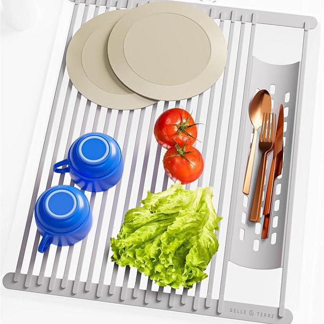 Large Dish Drying Rack for Kitchen Sink - Over Sink Dish Drying Rack to Dry Dishes & Drain Items - Modern & Stylish Dish Rack Set with Extra Side Tray - Space-Saving Roll-Up Counter Drainboard - Grey