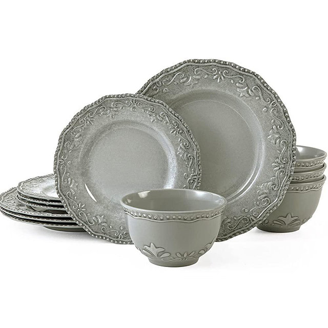 TP 12-Piece Dinnerware Set, Melamine Dishes Set with Bowls and Plates, Non-breakable Lightweight Dinner Service for 4, Gray