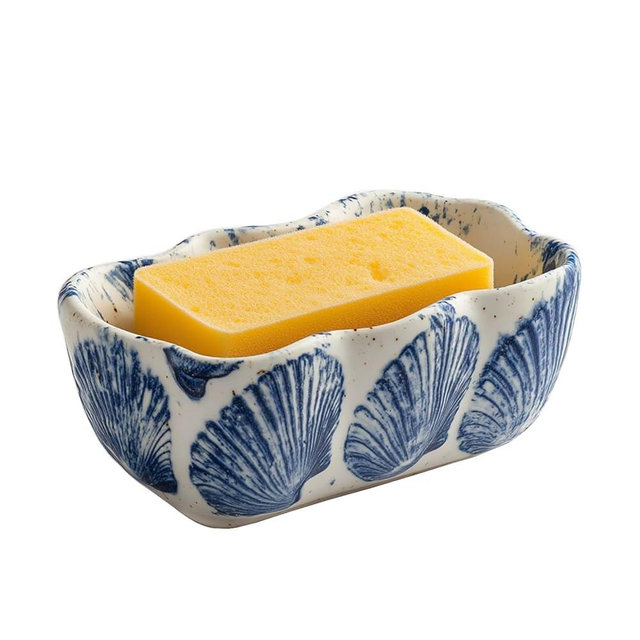 Bicuzat Ceramic Blue Shell Pattern Sponge Holder for Kitchen Sink, Compact Sink Caddy Organizer, Scouring Pad and Dish Sponge Holder
