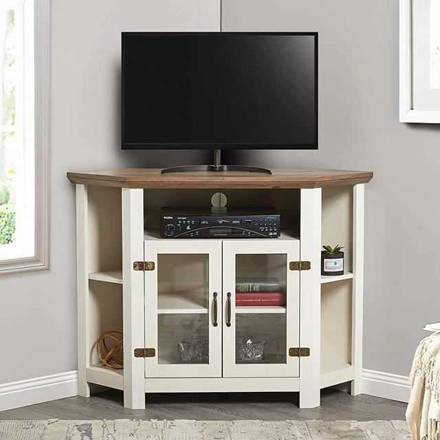 Amerlife Corner TV Stand for TV's up to 48", 44 Inch Modern Farmhouse Wood Entertainment Center, TV Console with Double Doors and Storage Cabinets for Living Room, Distressed White