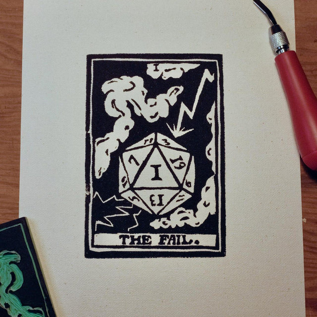 Hand-Carved D&D Tarot Print: "The Fail" (8x10 Unframed Original Relief Art)