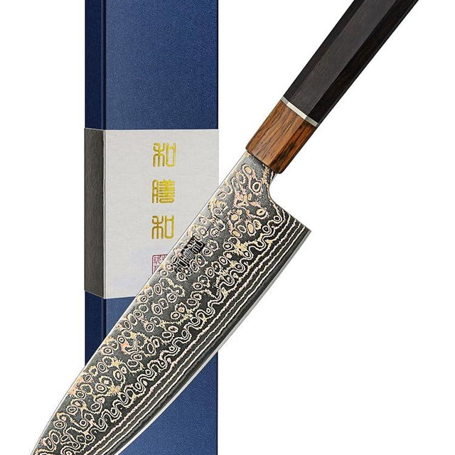 HOSHANHO Damascus Japanese Chef Knife 8 Inch, 33-Layer Copper & Damascus Steel Kitchen Knife, Ultra Sharp Professional Cooking Knives with Ergonomic Ebony Handle