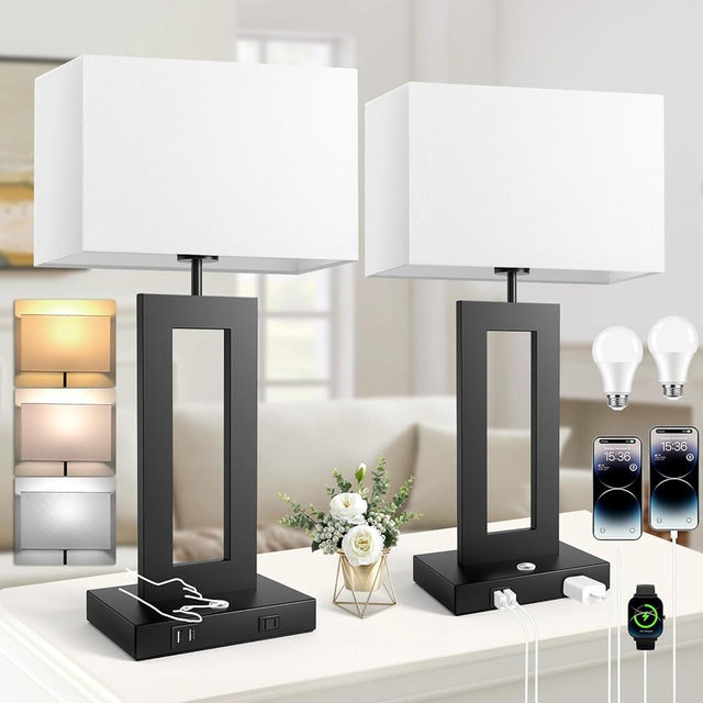 3 Color Temperatures Table Lamps for Bedrooms Set of 2, 22’’ Touch Control Bedside Nightstand Lamps with 2 USB Ports & AC Outlet, Stepless Dimmable Lamps with White Shade, Modern Lamps for Living Room