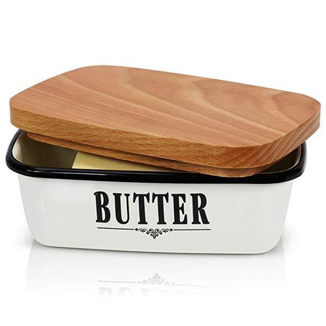 GranRosi Butter Dish - Farmhouse Style Enamel Butter Container With Versatile Wooden Lid - Perfect To Keep Your Butter Soft