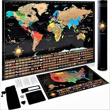 Scratch Off World Map Poster + Deluxe United States Map –Includes Complete Accessories Set & All Country Flags – Premium Wall Art Gift for Travelers