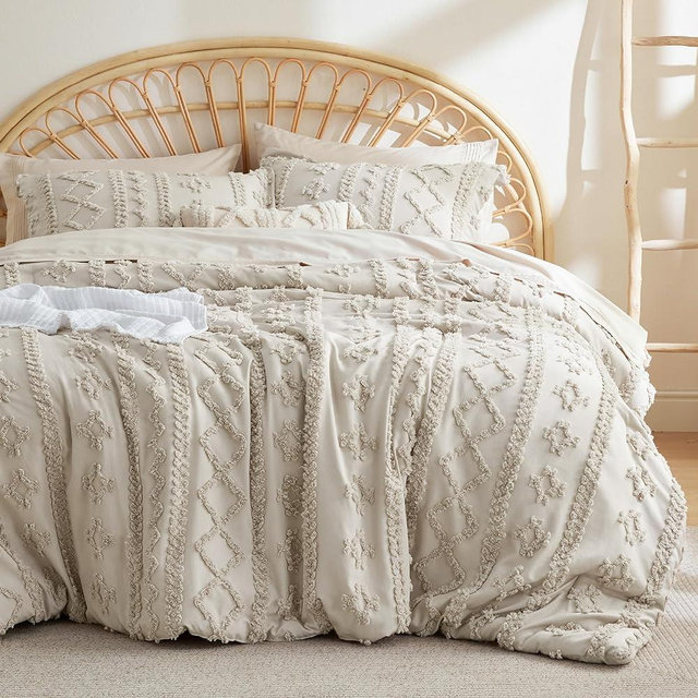 Bedsure Tufted Boho Comforter Set Full - Linen Boho Bedding Comforter Set, 3 Pieces Farmhouse Shabby Chic Embroidery Bed Set, Soft Jacquard Comforter for Women Men Girls