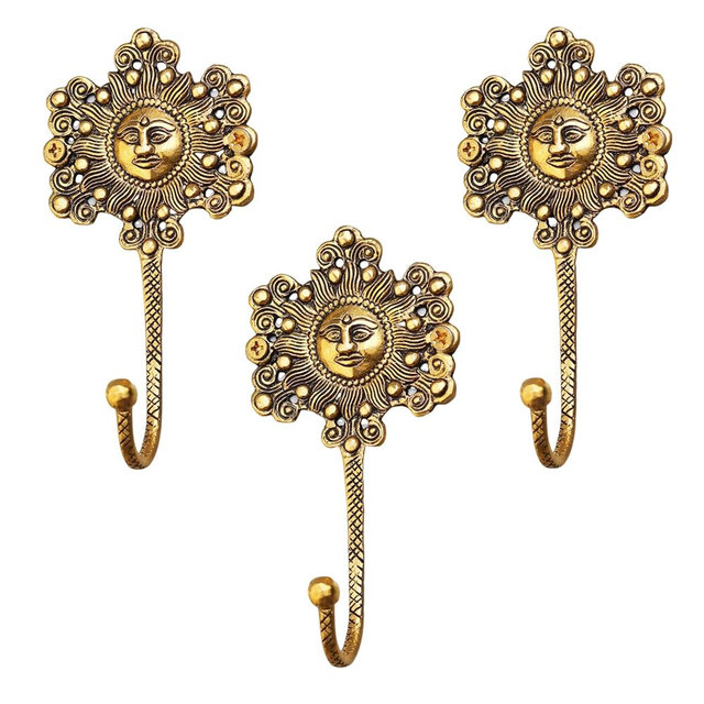 Indian Shelf 33Lb. 3 Pieces Decorative Gold Sunflower Hooks Brass Wall Key Holder Vintage Golden Home Decor Sun Wall Coat Hook