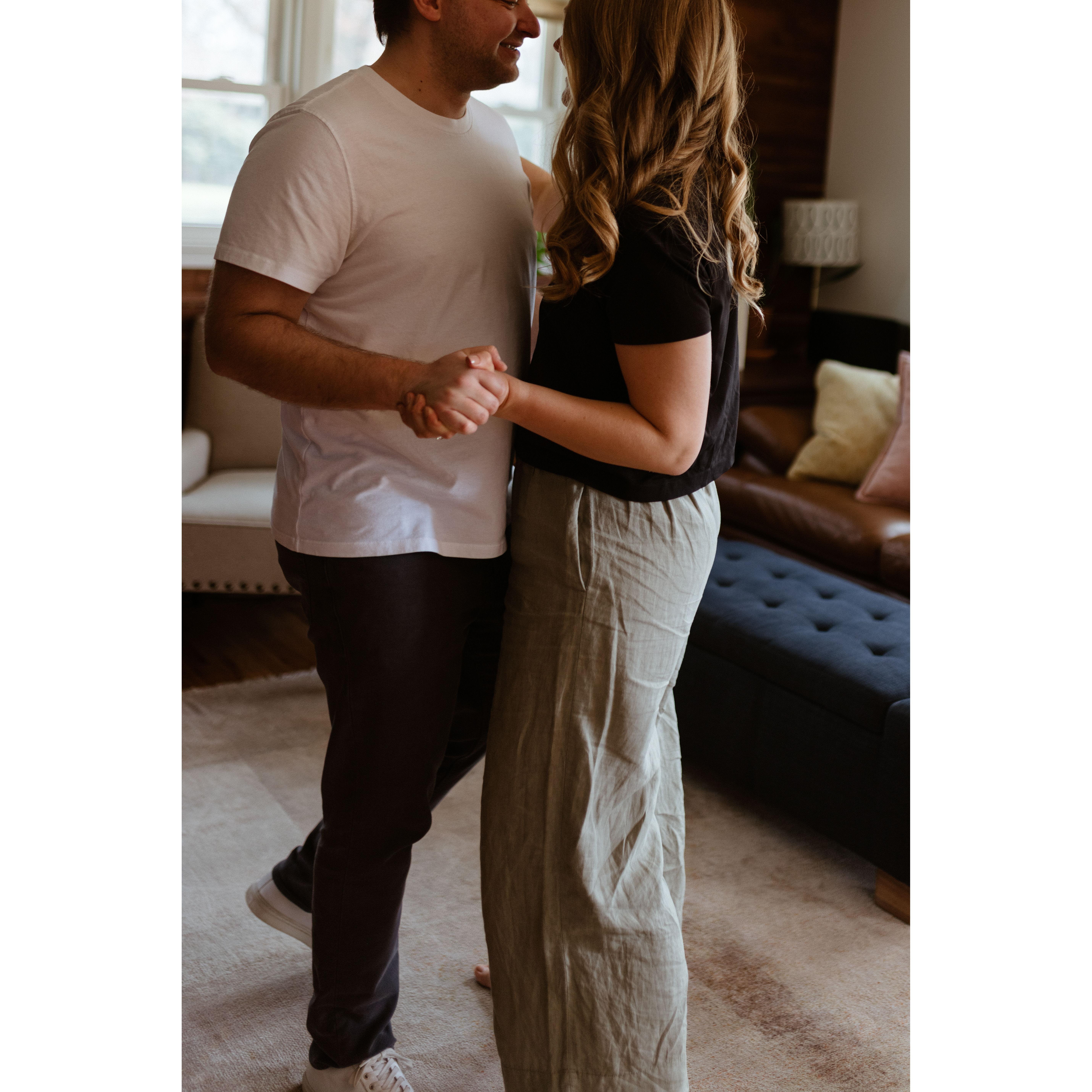 Engagement photo practice round/In home session in Springfield so our dogs could be there