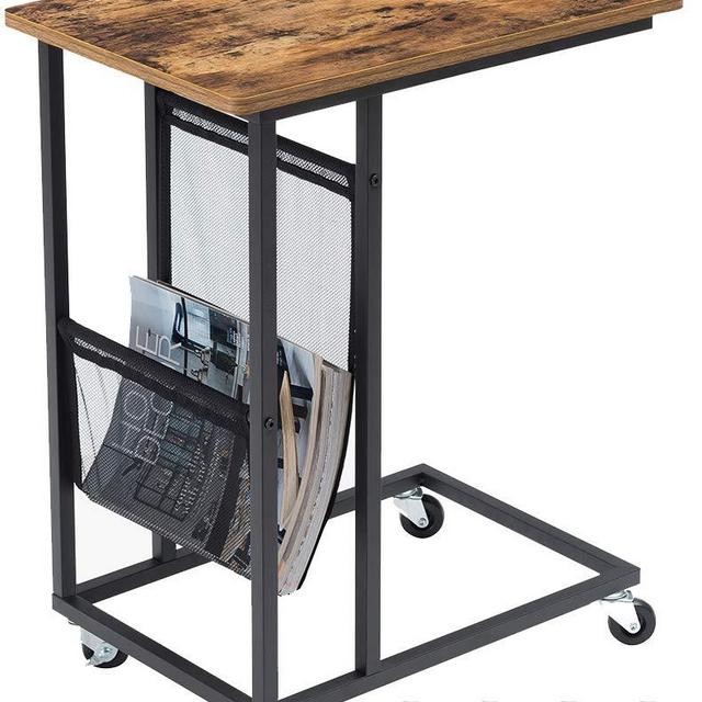 EKNITEY Sofa Side Table,Mobile C Shaped End Table Snack Table with Wheels and Side Pocket for Living Room,Laptop,Bedroom,Coffee,Couch and Small Spaces (Rustic Brown)