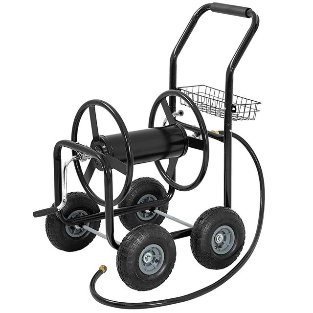 Garden Water Hose Reel Cart Tools with Wheels Garden Lawn Water Truck Water Planting Cart Heavy Duty Outdoor Yard Water Planting Holds 300-Feet of 5/8-Inch Hose with Storage Basket (Black)