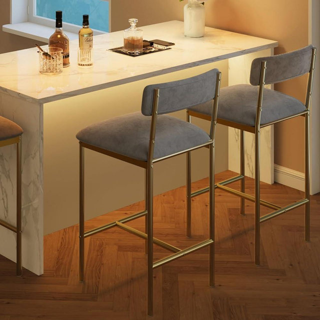 IDEALHOUSE Bar Stools Set of 2, Kitchen Bar Stools with Footrest, 25.5 Inches Upholstered Bar Chairs with Back, 2 Counter Height Barstools for Counter Bar, Island, Easy Assembly, Gray-Gold
